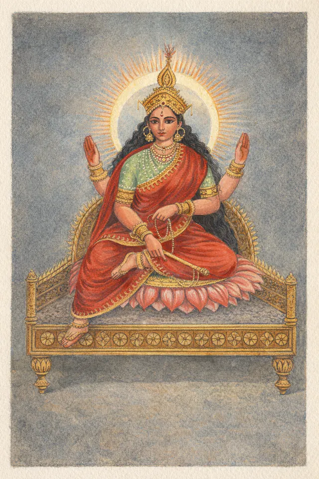 Painted Bhuvaneshwari, four-armed and red, seated on a pink lotus upon a gilded bench, both upper hands raised with open palms beneath a rayed halo.