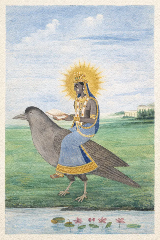 Painted Dhumavati riding her grey crow across a green meadow, holding a winnowing tray beneath a golden radiate halo.