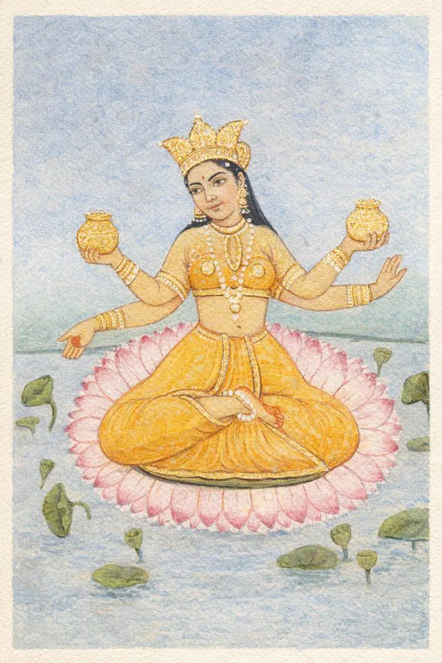 Painted Kamala seated cross-legged on an open pink lotus in gold, raising a water pot in each of her upper hands.