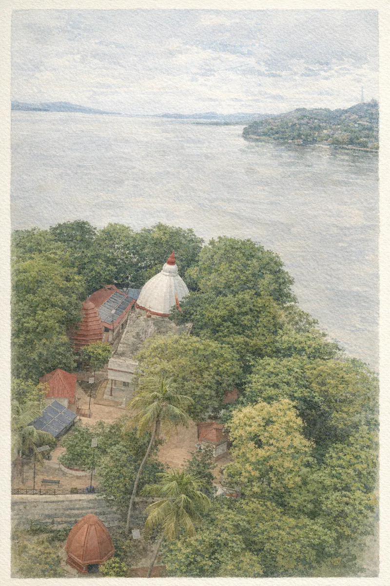 Painted interpretation of Umananda's red-and-white temple among island trees, with the Brahmaputra beyond.